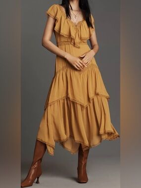 NWT Anthropologie V-Neck Ruffle Midi Dress in Marigold